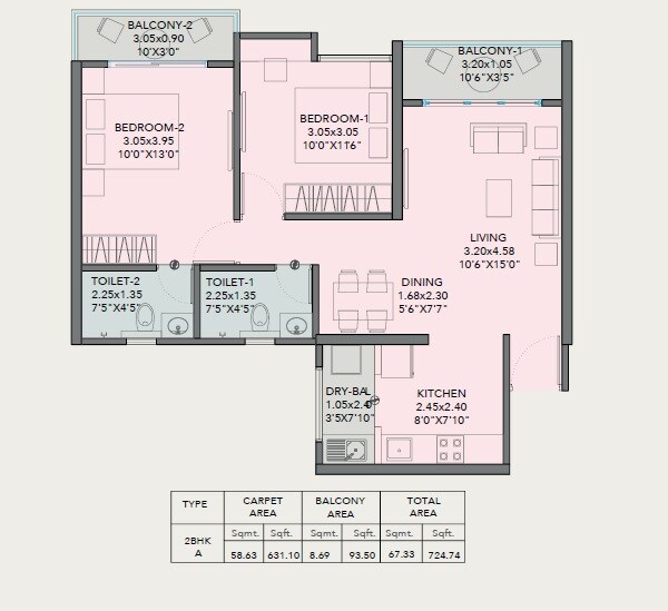 2 BHK 724 Sq. Ft. Apartment