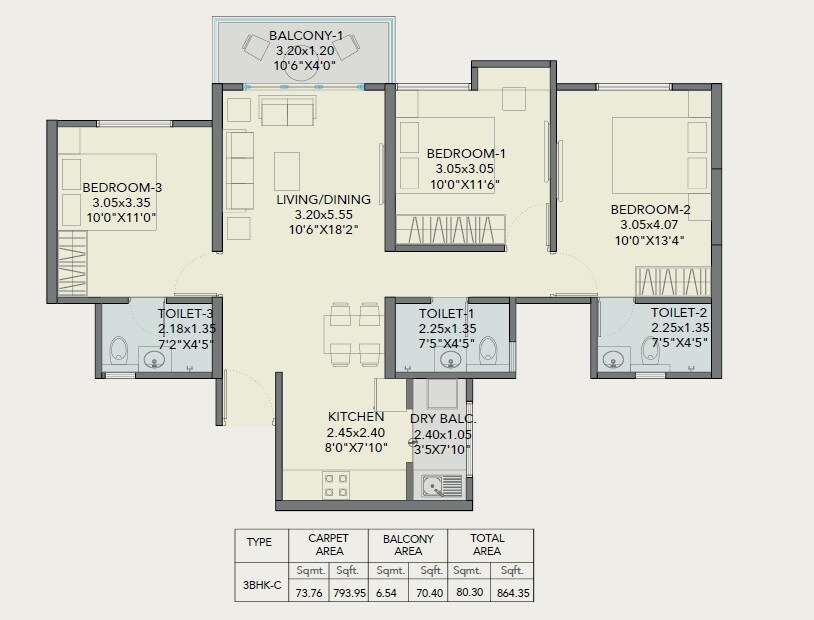 3 BHK 864 Sq. Ft. Apartment