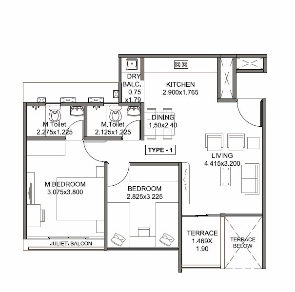 Floor plan of 2 BHK 702 Sq. Ft. Apartment in Kohinoor Tinsel County, Pune