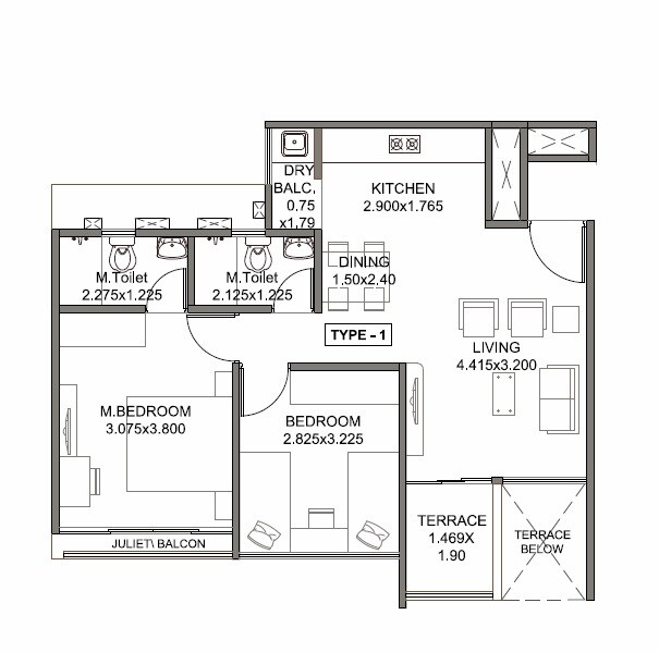 Floor plan of 2 BHK 506 Sq. Ft. Apartment in Kohinoor Tinsel County, Pune