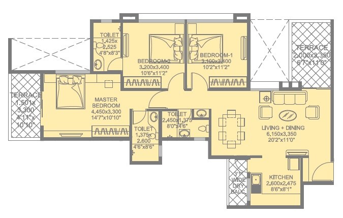 Floor plan of 3 BHK 1388 Sq. Ft. Apartment in Kohinoor Tinsel Town, Pune