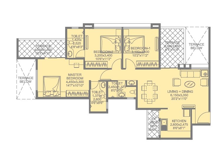 Floor plan of 3 BHK 890 Sq. Ft. Apartment in Kohinoor Tinsel Town, Pune