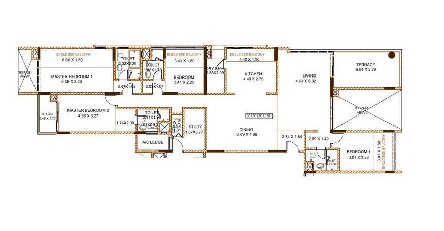 Floor plan of 4 BHK 1964 Sq. Ft. Apartment in Kolte Patil 24K Atria, Pune