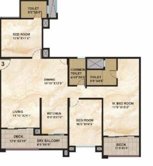 Floor plan of 3 BHK 2270 Sq. Ft. Apartment in Kolte Patil 24K Glamore, Pune
