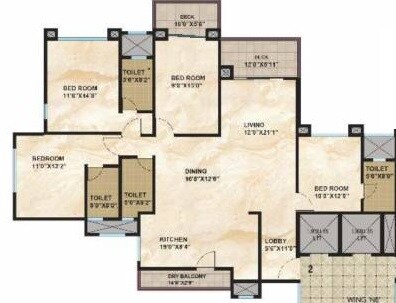 Floor plan of 4 BHK 2100 Sq. Ft. Apartment in Kolte Patil 24K Glamore, Pune