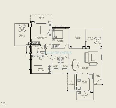 Floor plan of 3 BHK 1599 Sq. Ft. Apartment in Kolte Patil 24K Glitterati, Pune