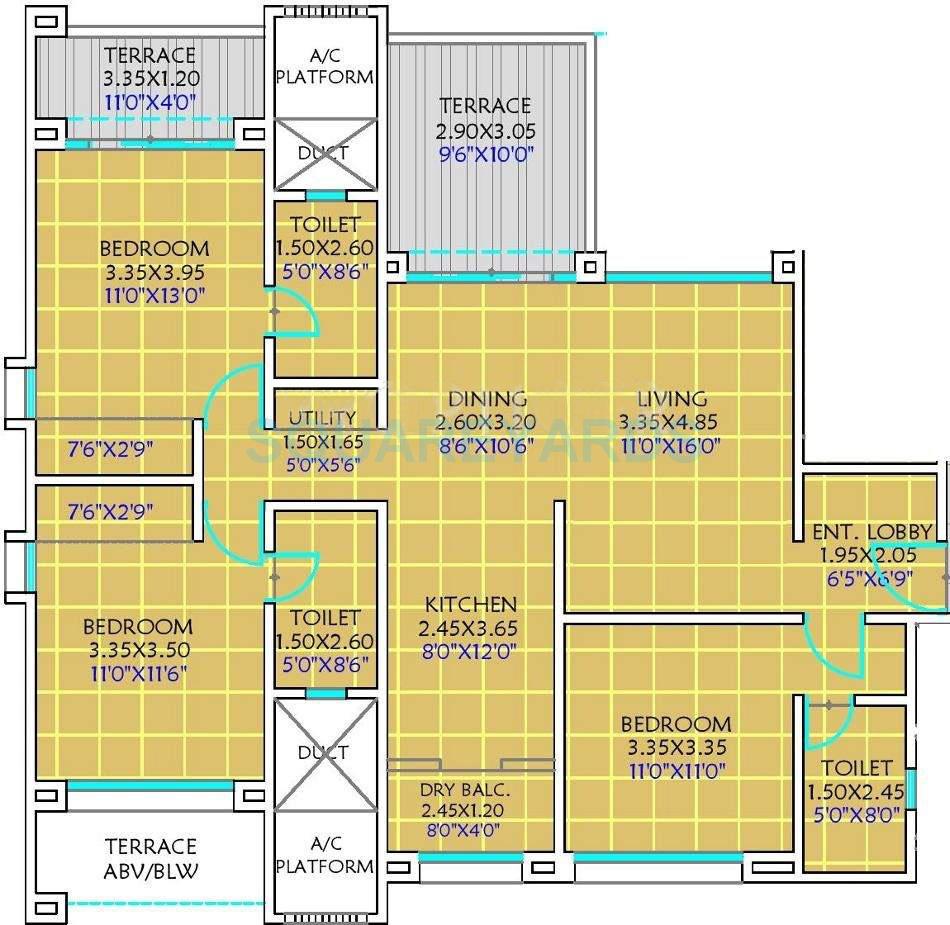 Floor plan of 3 BHK 1600 Sq. Ft. Apartment in Kolte Patil 24K Glitterati, Pune