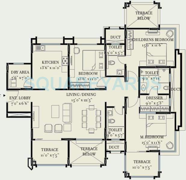 Floor plan of 3 BHK 2100 Sq. Ft. Apartment in Kolte Patil 24K Glitterati, Pune