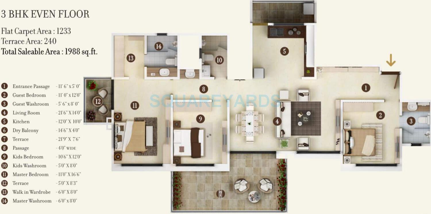 Floor plan of 3 BHK 1988 Sq. Ft. Apartment in Kolte Patil 24K Jazz, Pune