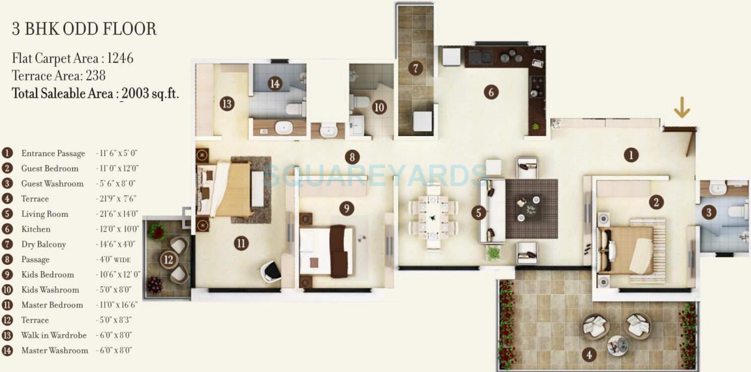 Floor plan of 3 BHK 2003 Sq. Ft. Apartment in Kolte Patil 24K Jazz, Pune