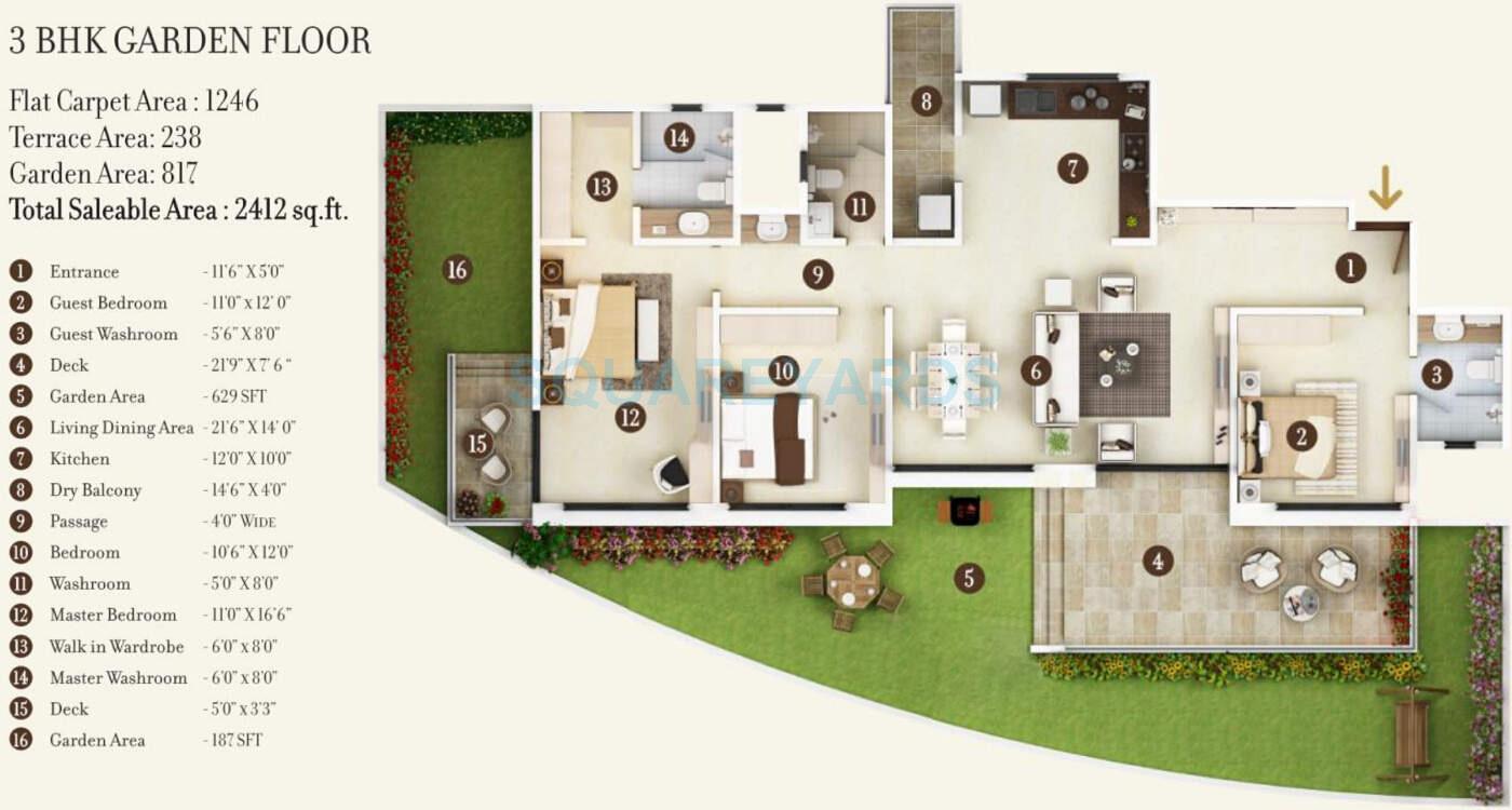 Floor plan of 3 BHK 2412 Sq. Ft. Apartment in Kolte Patil 24K Jazz, Pune