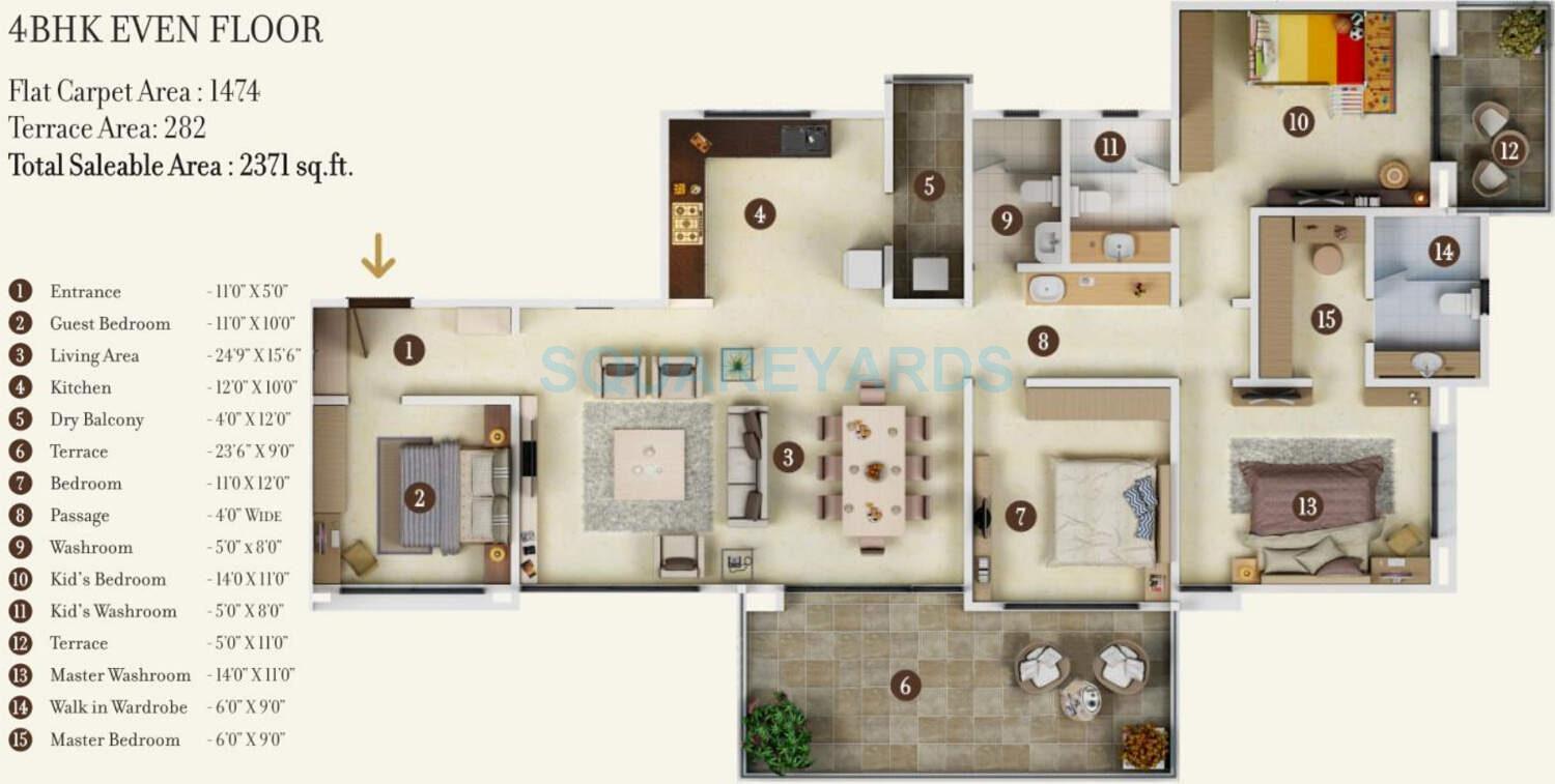 Floor plan of 4 BHK 2371 Sq. Ft. Apartment in Kolte Patil 24K Jazz, Pune