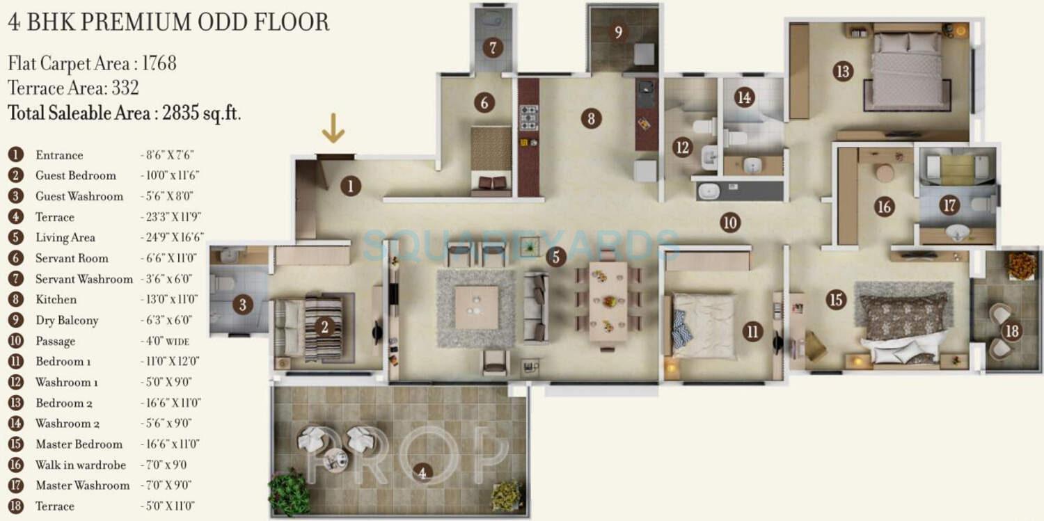 Floor plan of 4 BHK 2835 Sq. Ft. Apartment in Kolte Patil 24K Jazz, Pune