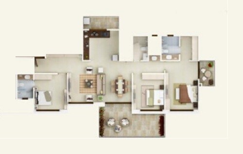 Floor plan of 3 BHK 1038 Sq. Ft. Apartment in Kolte Patil 24K Opula, Pune