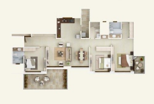 Floor plan of 3 BHK 1412 Sq. Ft. Apartment in Kolte Patil 24K Opula, Pune