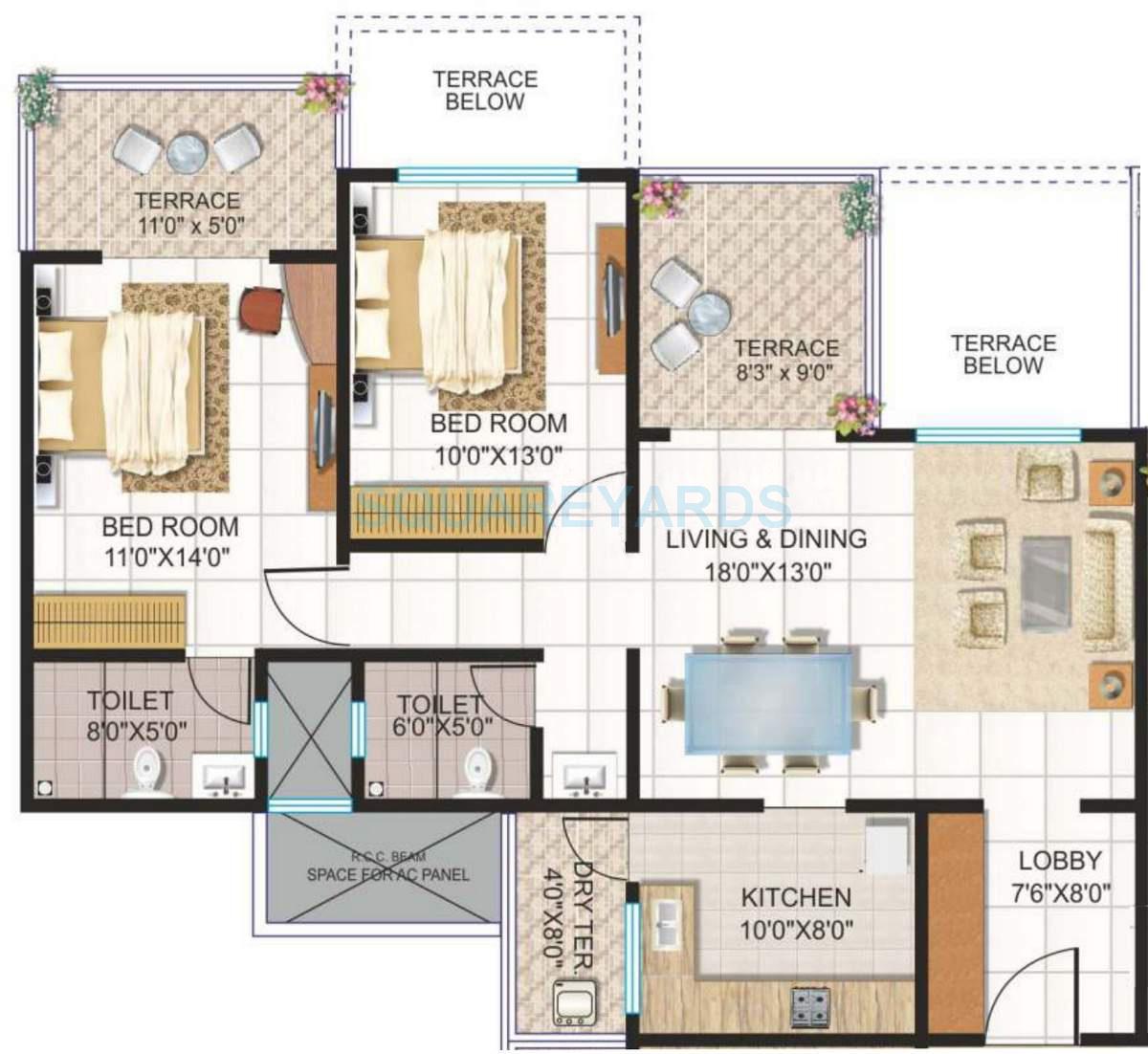 Floor plan of 2 BHK 1055 Sq. Ft. Apartment in Kolte Patil Beryl, Pune