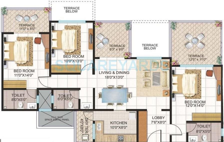 Floor plan of 3 BHK 2000 Sq. Ft. Apartment in Kolte Patil Beryl, Pune