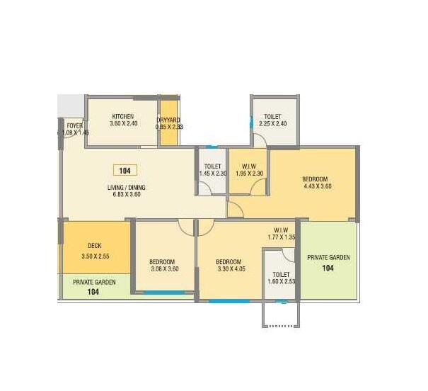 Floor plan of 3 BHK Apartment - 1143 sq. ft. in Kolte Patil Centria, Pune