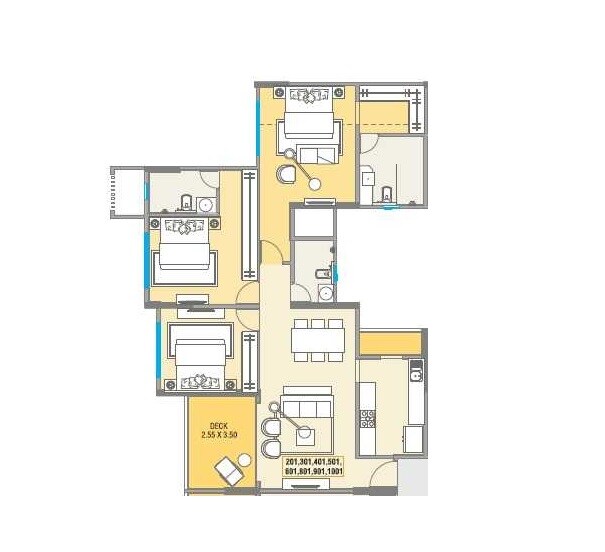 Floor plan of 3 BHK Apartment - 1144 sq. ft. in Kolte Patil Centria, Pune