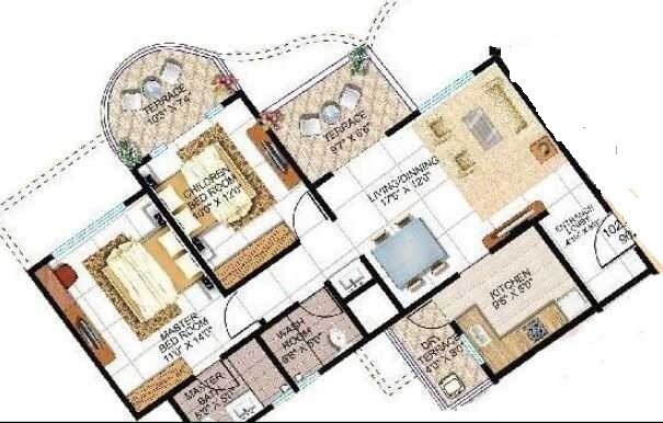 Floor plan of 2 BHK 1050 Sq. Ft. Apartment in Kolte Patil Cheryl, Pune