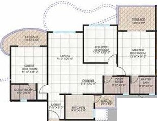 Floor plan of 3 BHK 1315 Sq. Ft. Apartment in Kolte Patil Cheryl, Pune