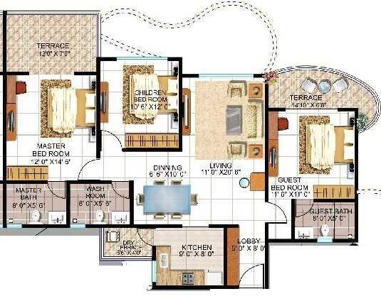 Floor plan of 3 BHK 1510 Sq. Ft. Apartment in Kolte Patil Cheryl, Pune