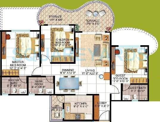 Floor plan of 3 BHK 1310 Sq. Ft. Apartment in Kolte Patil Cheryl, Pune