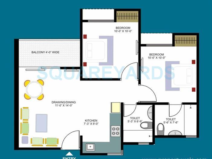 Floor plan of 2 BHK 1168 Sq. Ft. Apartment in Kolte Patil Downtown, Pune