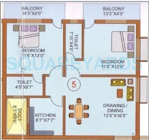 Floor plan of 2 BHK 1534 Sq. Ft. Apartment in Kolte Patil Downtown, Pune