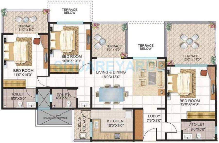 Floor plan of 3 BHK 1510 Sq. Ft. Apartment in Kolte Patil Downtown, Pune
