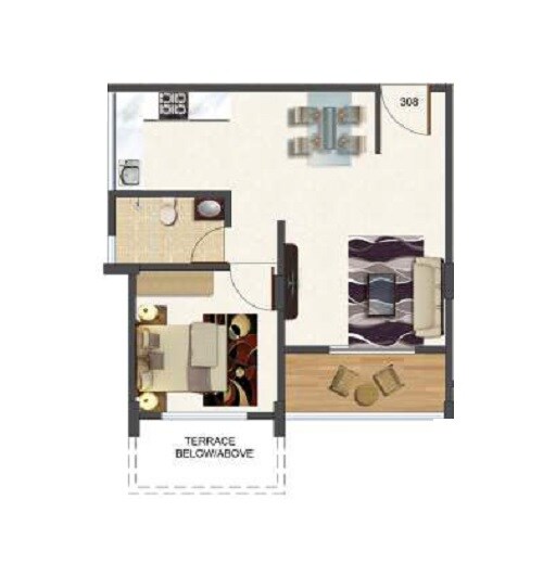 Floor plan of 1 BHK 330 Sq. Ft. Apartment in Kolte Patil Downtown Xenia, Pune