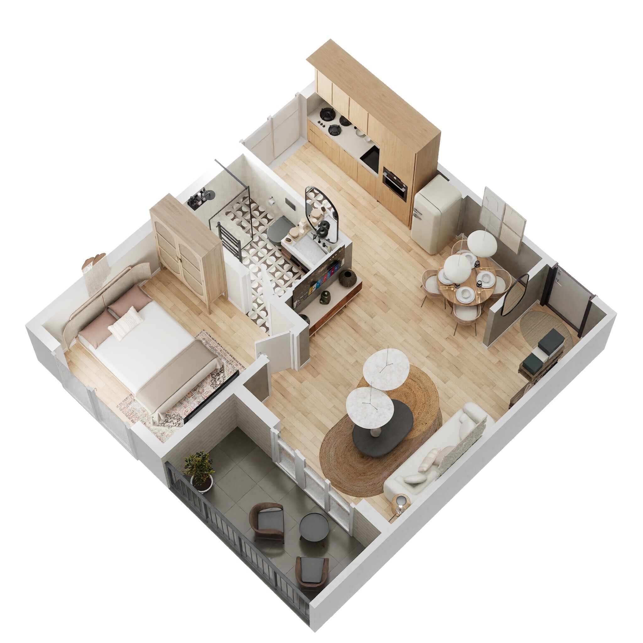 Floor plan of 1 BHK 388 Sq. Ft. Apartment in Kolte Patil Downtown Xenia, Pune