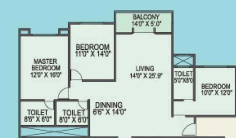 Floor plan of 3 BHK 1675 Sq. Ft. Apartment in Kolte Patil Elburz Hills & Dales, Pune