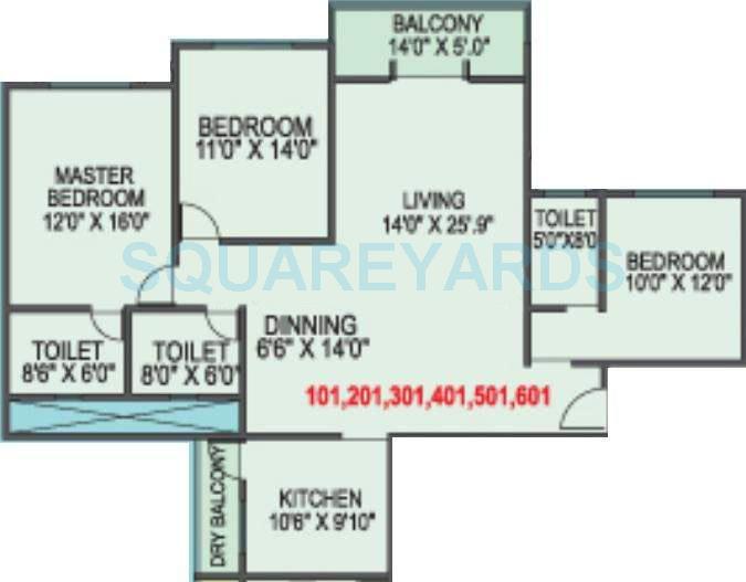 Floor plan of 3 BHK 1675 Sq. Ft. Apartment in Kolte Patil Elburz Hills Dales, Pune