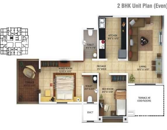 Floor plan of 2 BHK 925 Sq. Ft. Apartment in Kolte Patil Florence, Pune