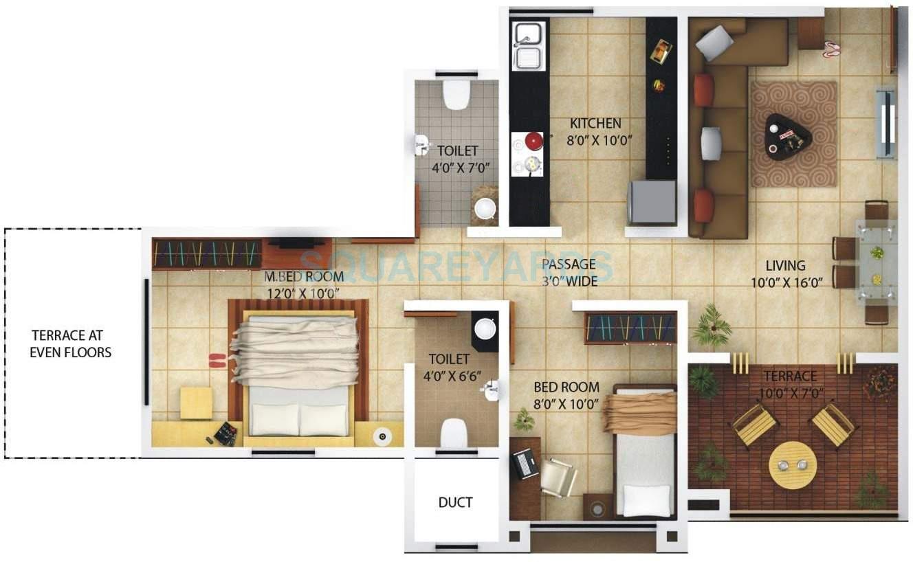 Floor plan of 2 BHK 785 Sq. Ft. Apartment in Kolte Patil Florence, Pune