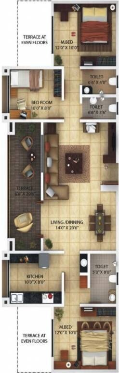 Floor plan of 3 BHK 1575 Sq. Ft. Apartment in Kolte Patil Florence, Pune