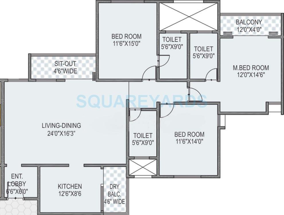 Floor plan of 3 BHK 1790 Sq. Ft. Apartment in Kolte Patil Green Groves, Pune