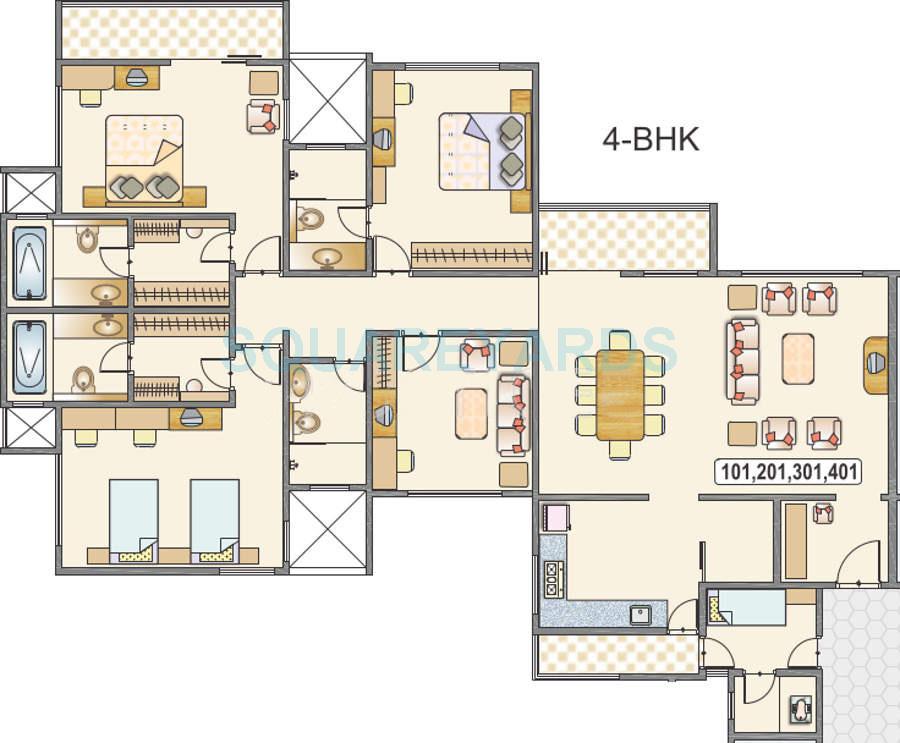 Floor plan of 4 BHK 2535 Sq. Ft. Apartment in Kolte Patil Green Groves, Pune