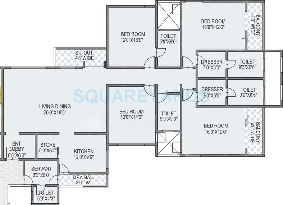 Floor plan of 4 BHK 2625 Sq. Ft. Apartment in Kolte Patil Green Groves, Pune