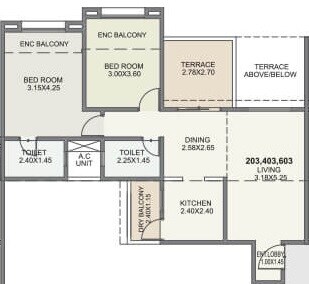 Floor plan of 2 BHK 607 Sq. Ft. Apartment in Kolte Patil Green Olive, Pune