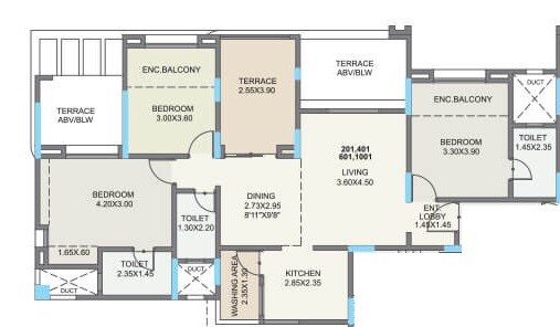 Floor plan of 3 BHK 1205 Sq. Ft. Apartment in Kolte Patil Green Olive, Pune