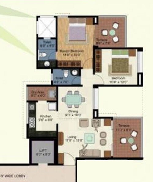 Floor plan of 2 BHK 743 Sq. Ft. Apartment in Kolte Patil Green Olive Tower C And D, Pune