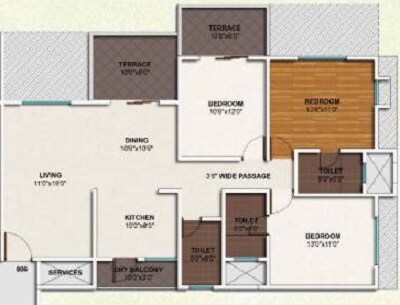 Floor plan of 3 BHK 1565 Sq. Ft. Apartment in Kolte Patil Ivy Apartments, Pune