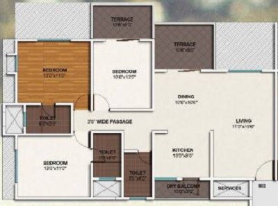 Floor plan of 3 BHK 1585 Sq. Ft. Apartment in Kolte Patil Ivy Apartments, Pune