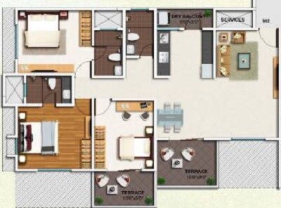 Floor plan of 3 BHK 1830 Sq. Ft. Apartment in Kolte Patil Ivy Apartments, Pune