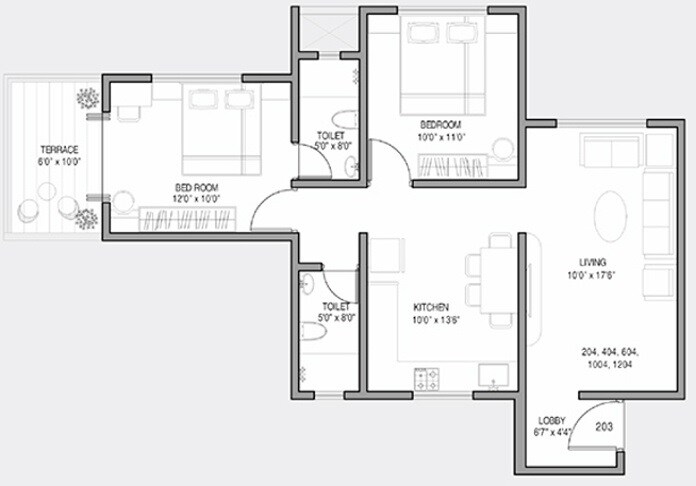 Floor plan of 2 BHK 1315 Sq. Ft. Apartment in Kolte Patil Ivy Botanica, Pune