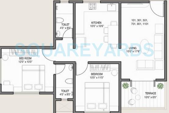 Floor plan of 2 BHK 1010 Sq. Ft. Apartment in Kolte Patil Ivy Botanica, Pune