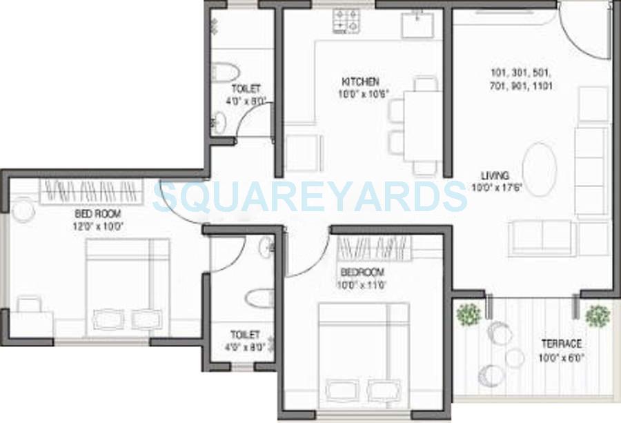 Floor plan of 2 BHK 880 Sq. Ft. Apartment in Kolte Patil Ivy Botanica, Pune