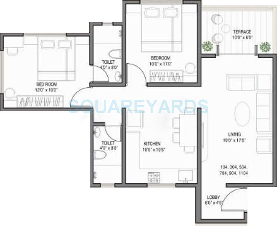 Floor plan of 2 BHK 945 Sq. Ft. Apartment in Kolte Patil Ivy Botanica, Pune